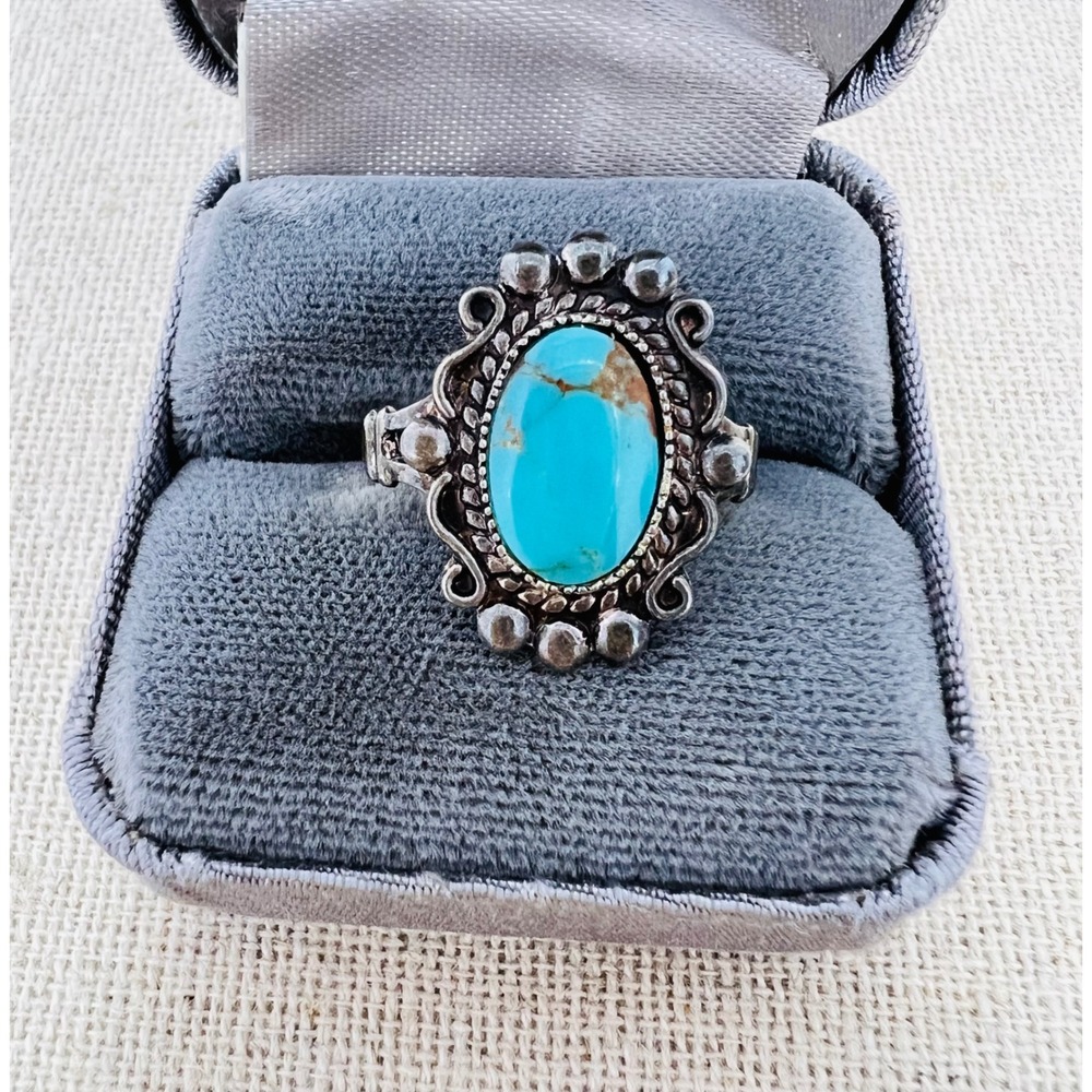 Vintage Sterling Silver Bell Trading Co Turquoise Scroll Rain Bead Ring Size 6.5